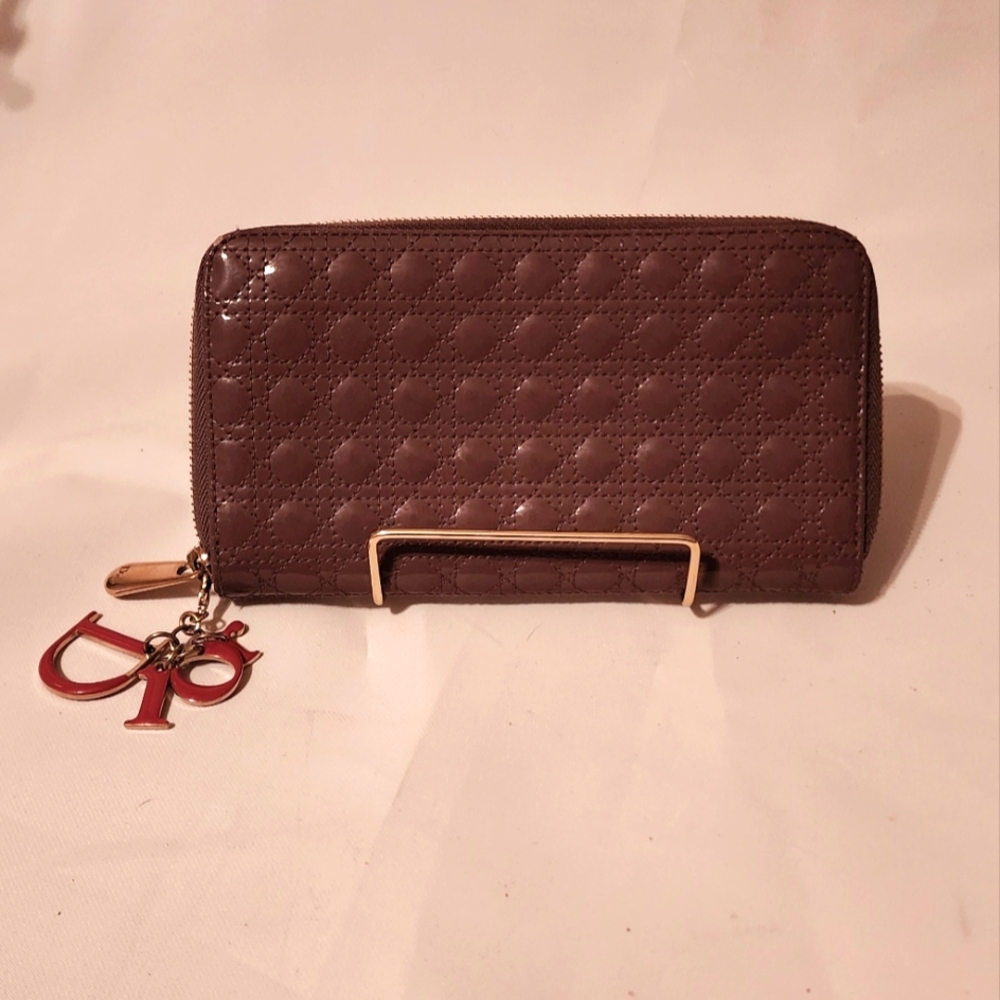 Dior Cannage Zip Wallet in Deep Purple with Hot Pink Interior & Enamel Charm